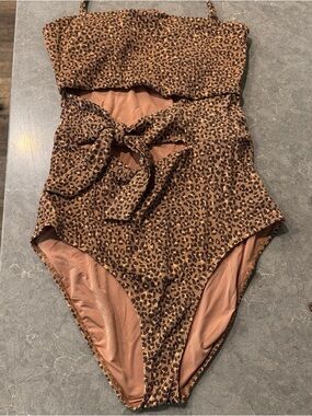Leopard Print One-Piece womens Swimsuit with Waist Tie - Brown